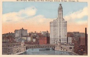 MI bridge POSTCARD - CHICAGO - WRIGLEY BUILDING - NEW MICHIGAN AVE BRIDGE - AERIAL - 1923
